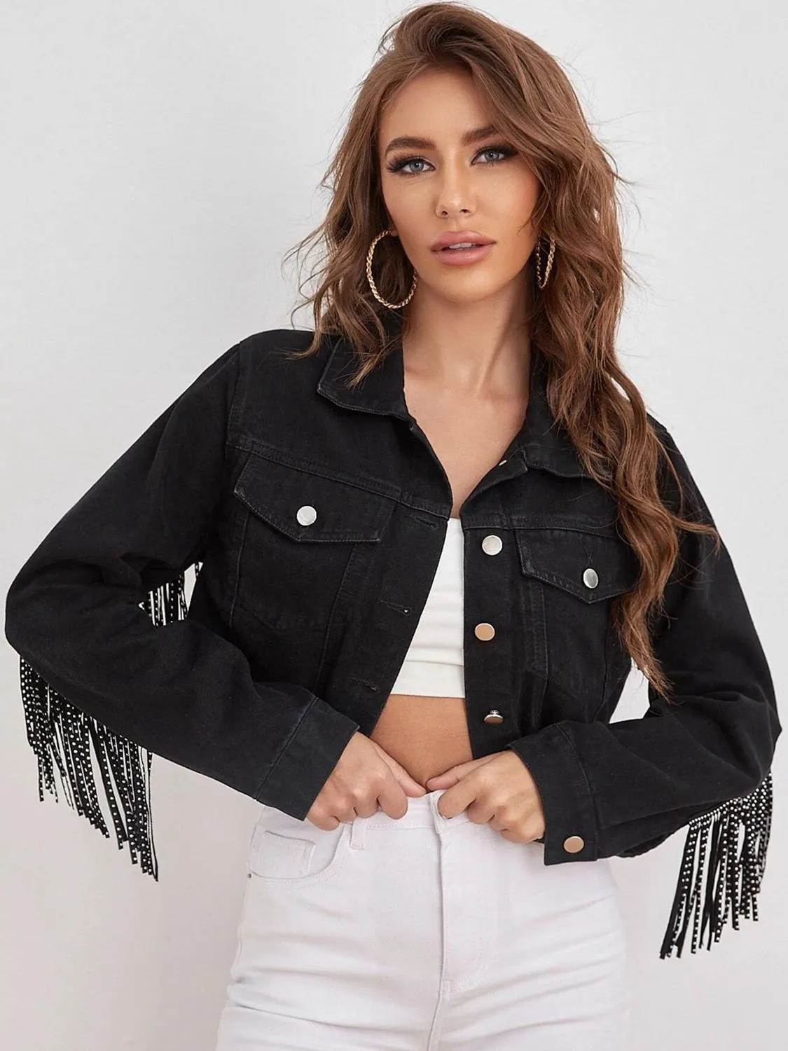 Fringe Detail Cropped Denim Jacket