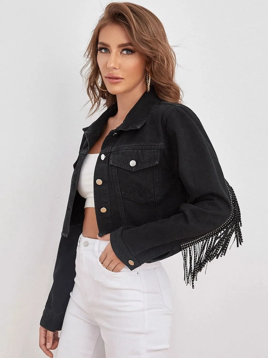 Fringe Detail Cropped Denim Jacket