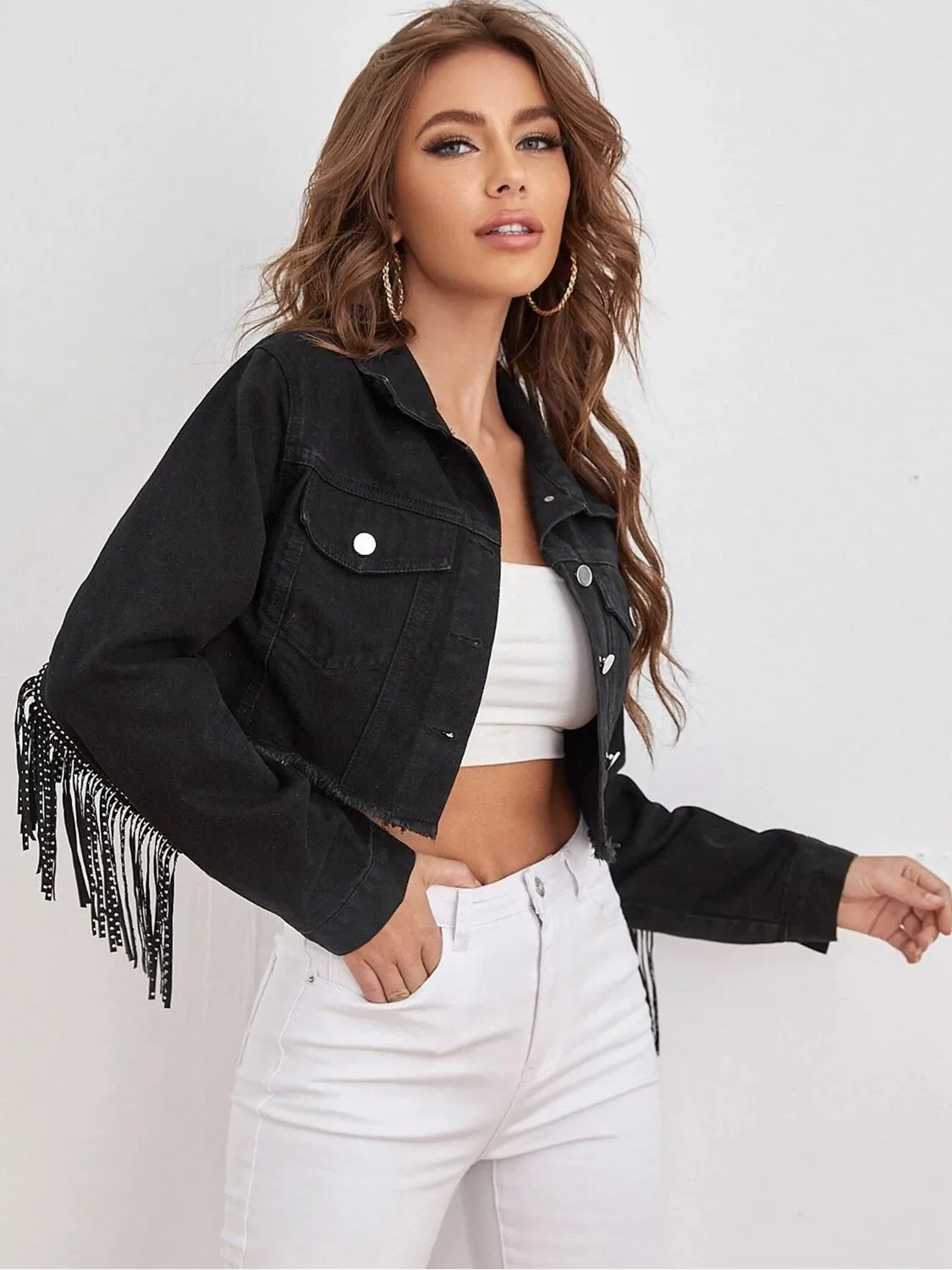 Fringe Detail Cropped Denim Jacket