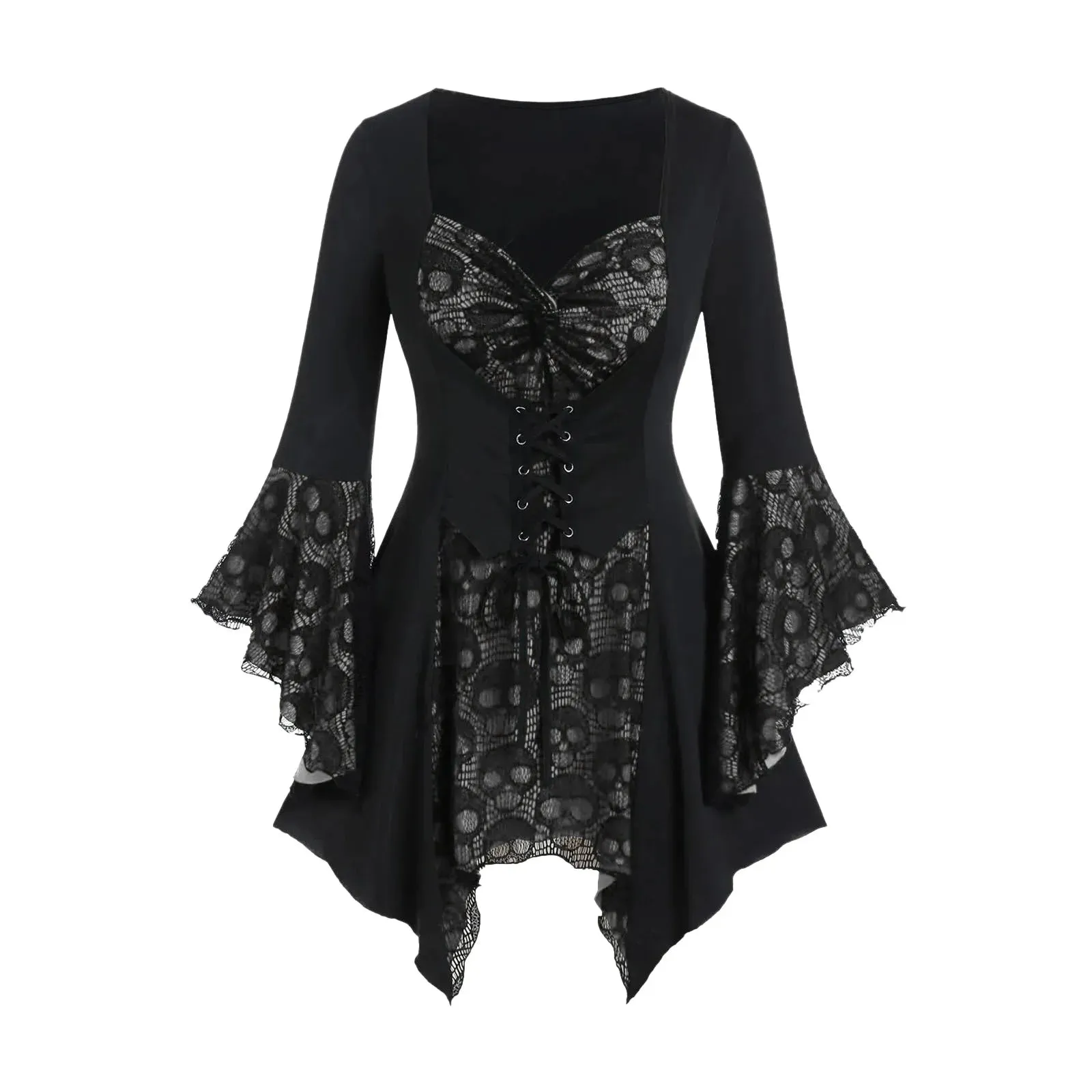 Funki Buys | Shirts | Women's Dark Gothic Lace Ruffle Skull Shirt