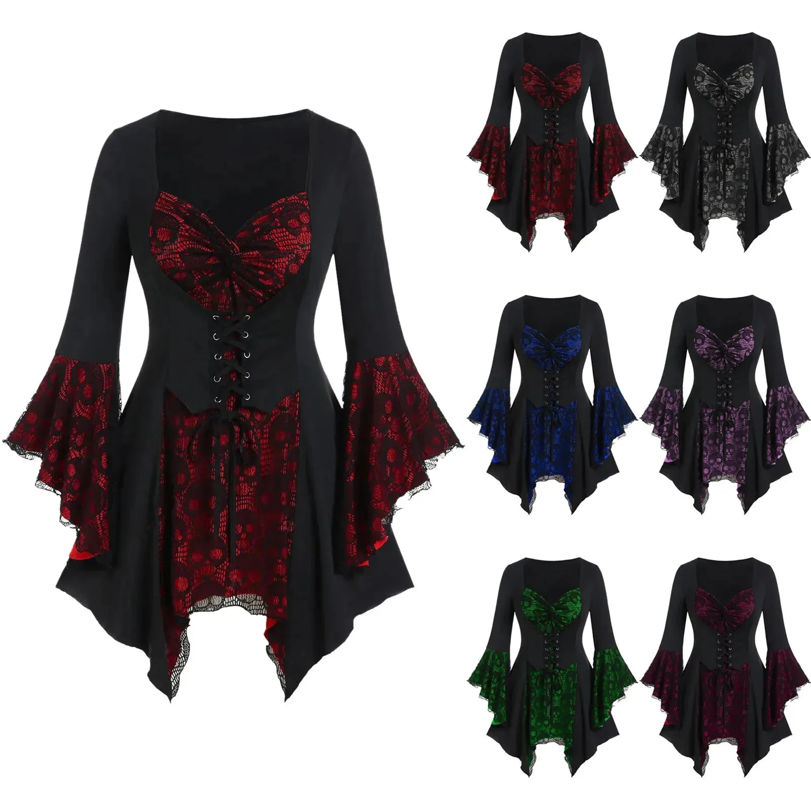 Funki Buys | Shirts | Women's Dark Gothic Lace Ruffle Skull Shirt