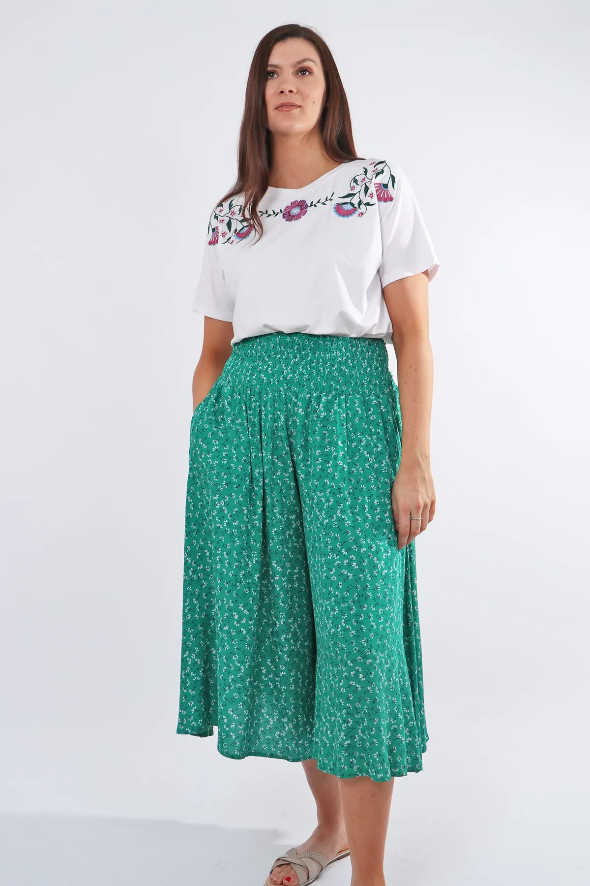 Green Dainty Floral Spring Elasticated Waist Culottes