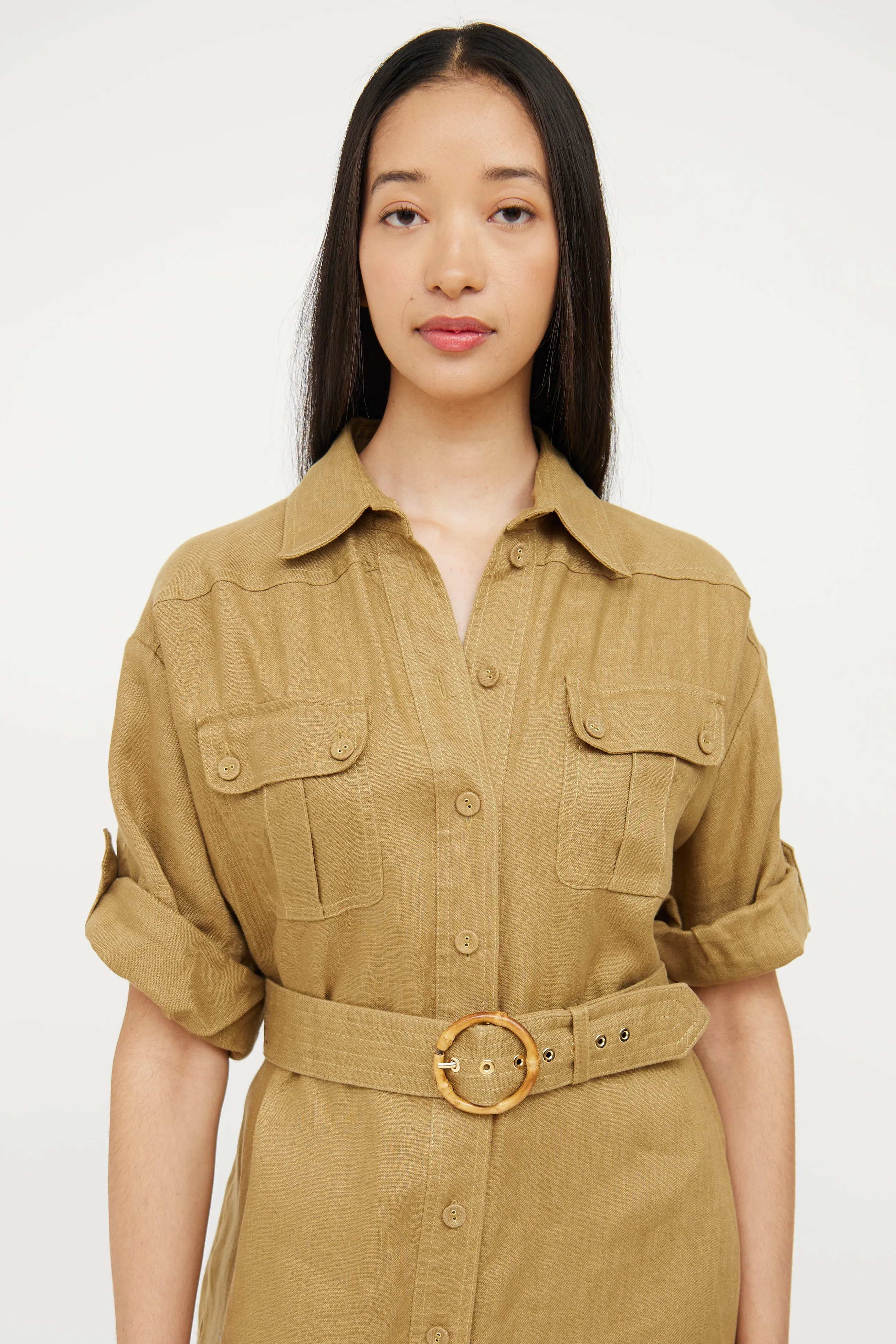 Green Linen Belted Utility Shirt Dress