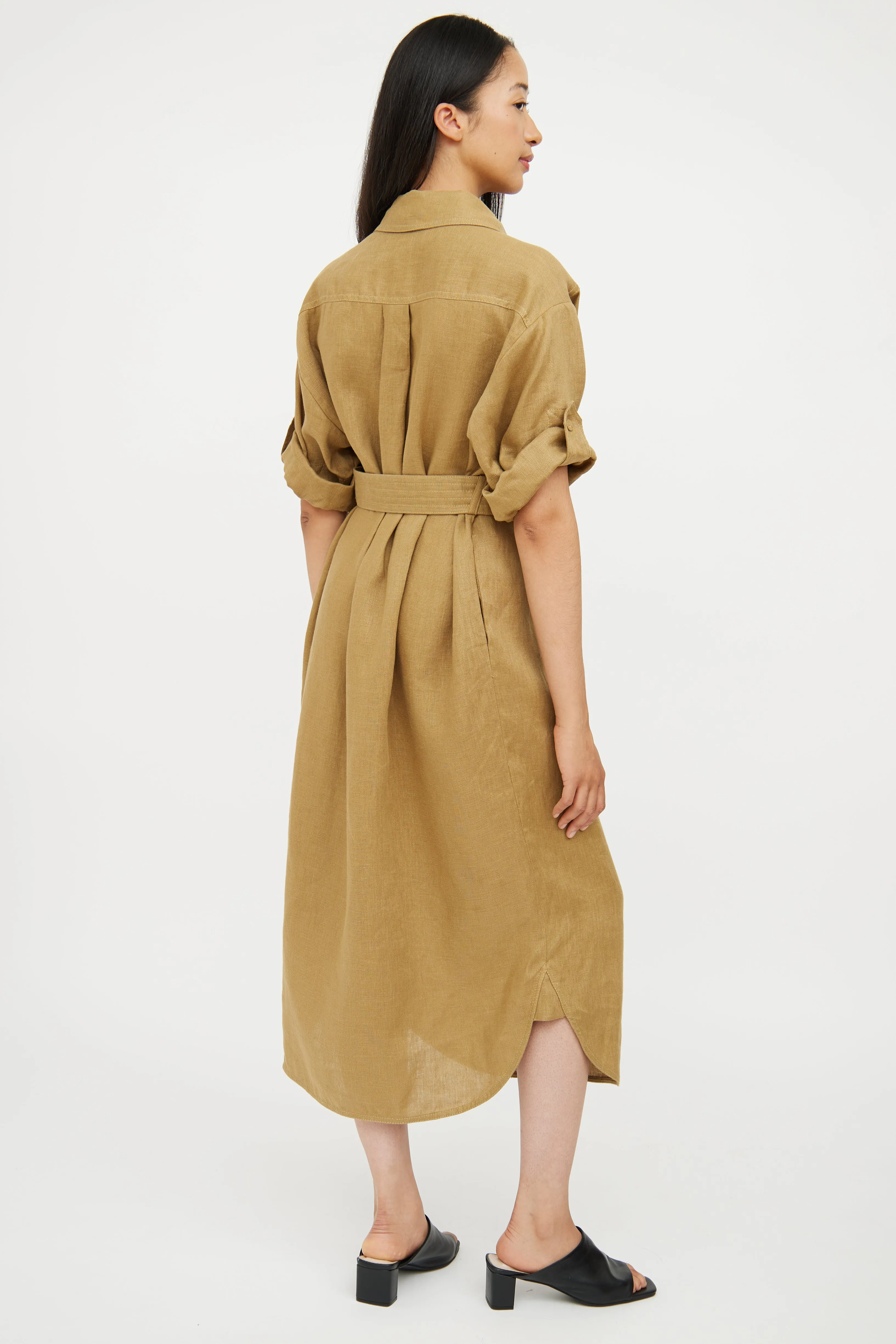 Green Linen Belted Utility Shirt Dress