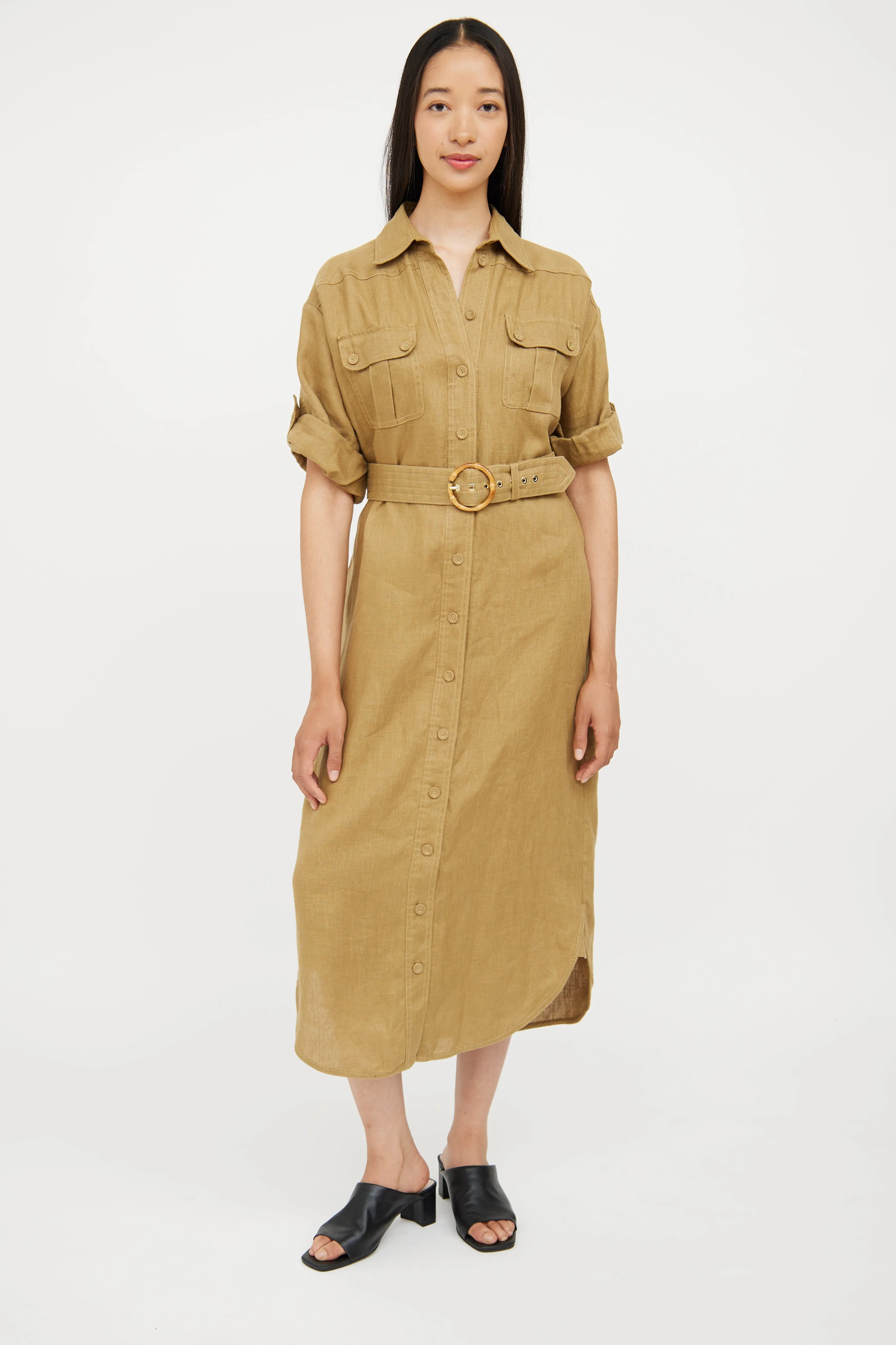 Green Linen Belted Utility Shirt Dress