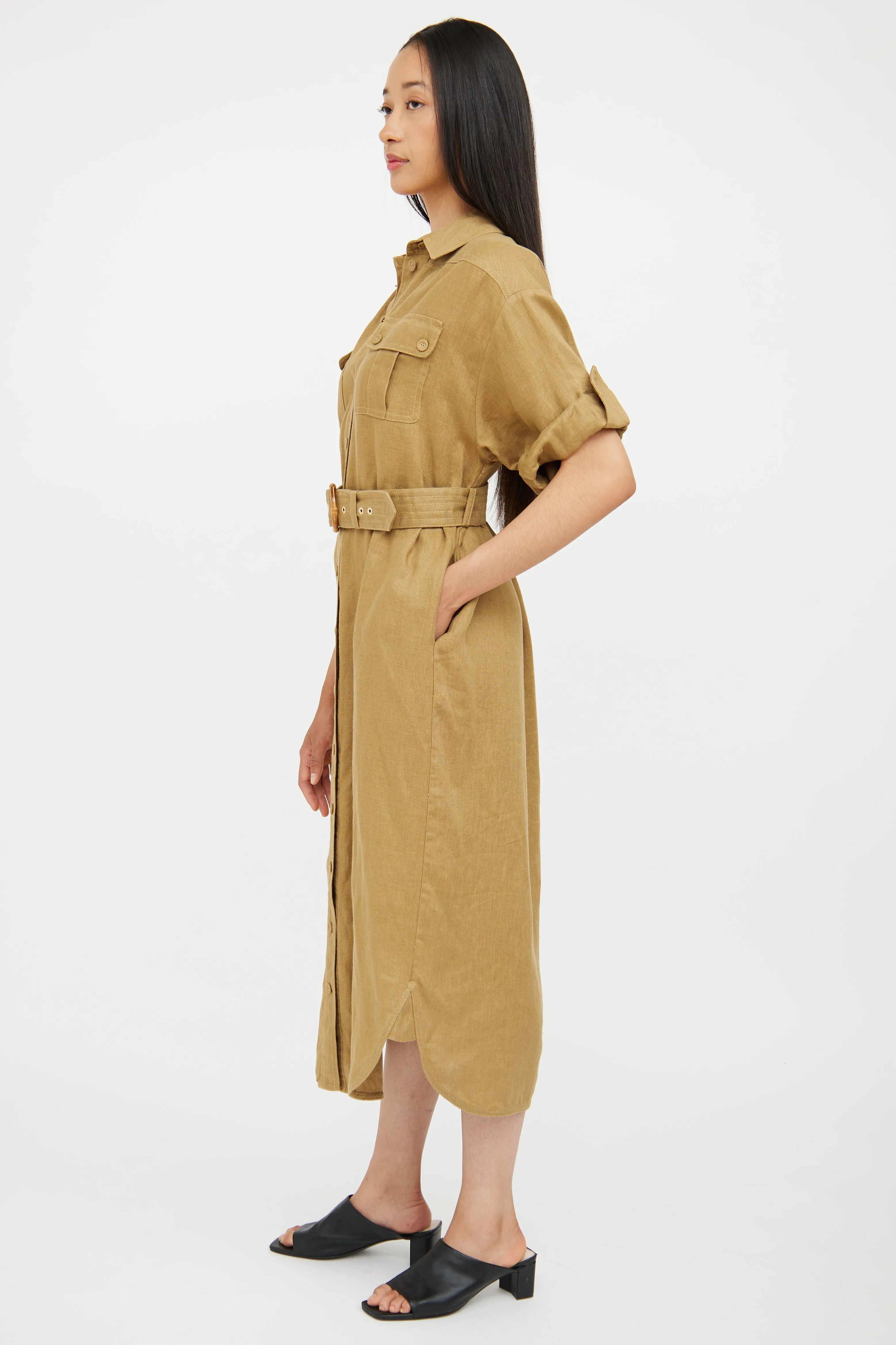 Green Linen Belted Utility Shirt Dress