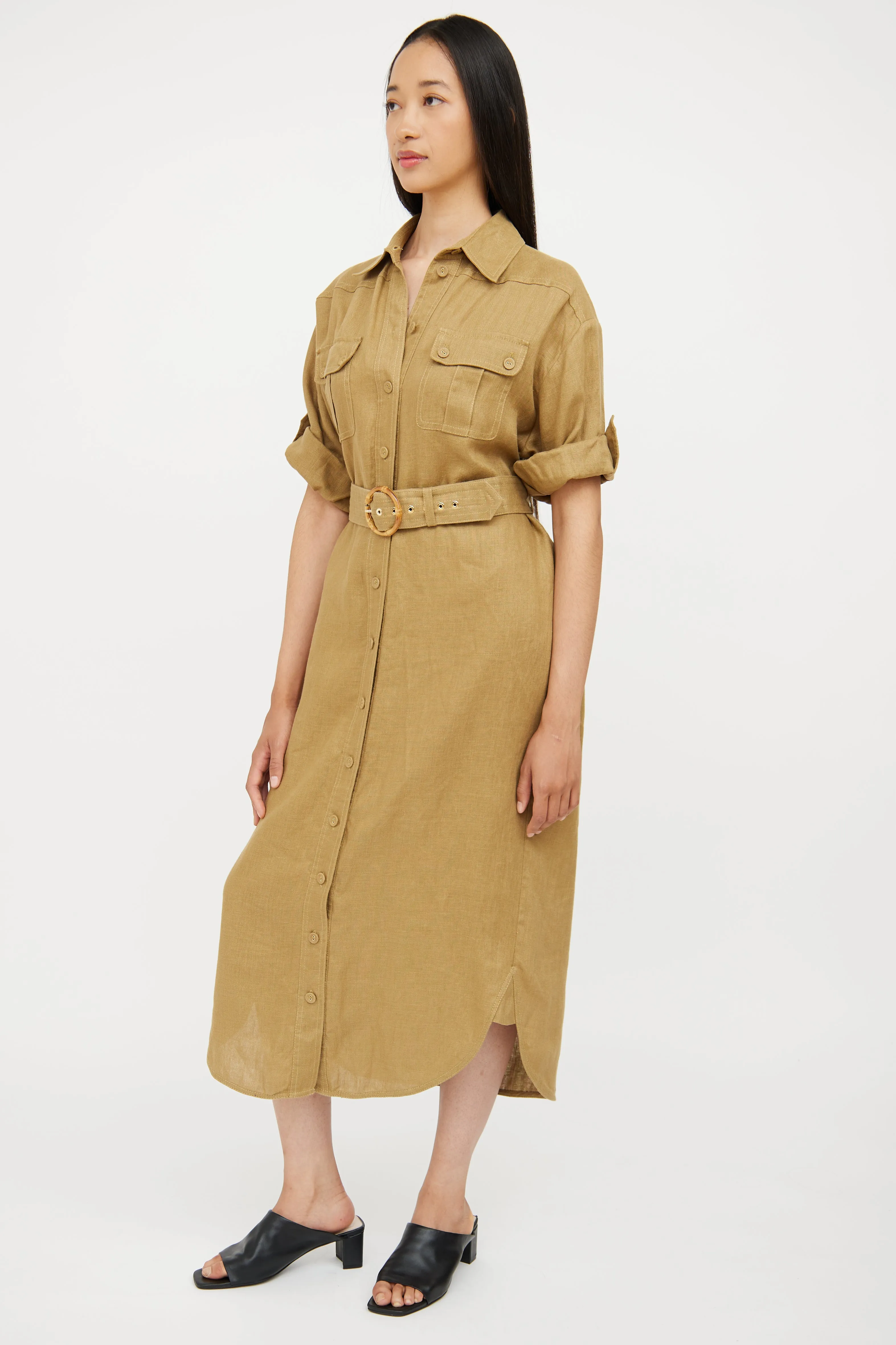 Green Linen Belted Utility Shirt Dress