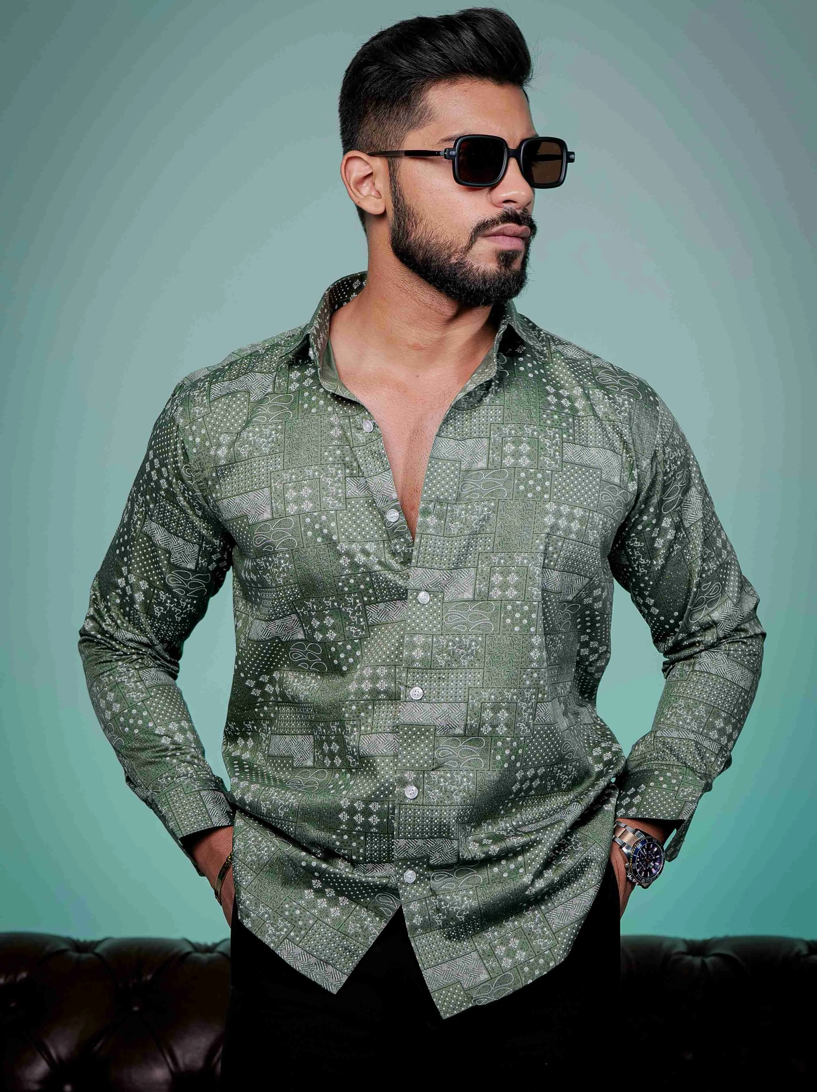 Green Satin Cotton Print Premium Shirt