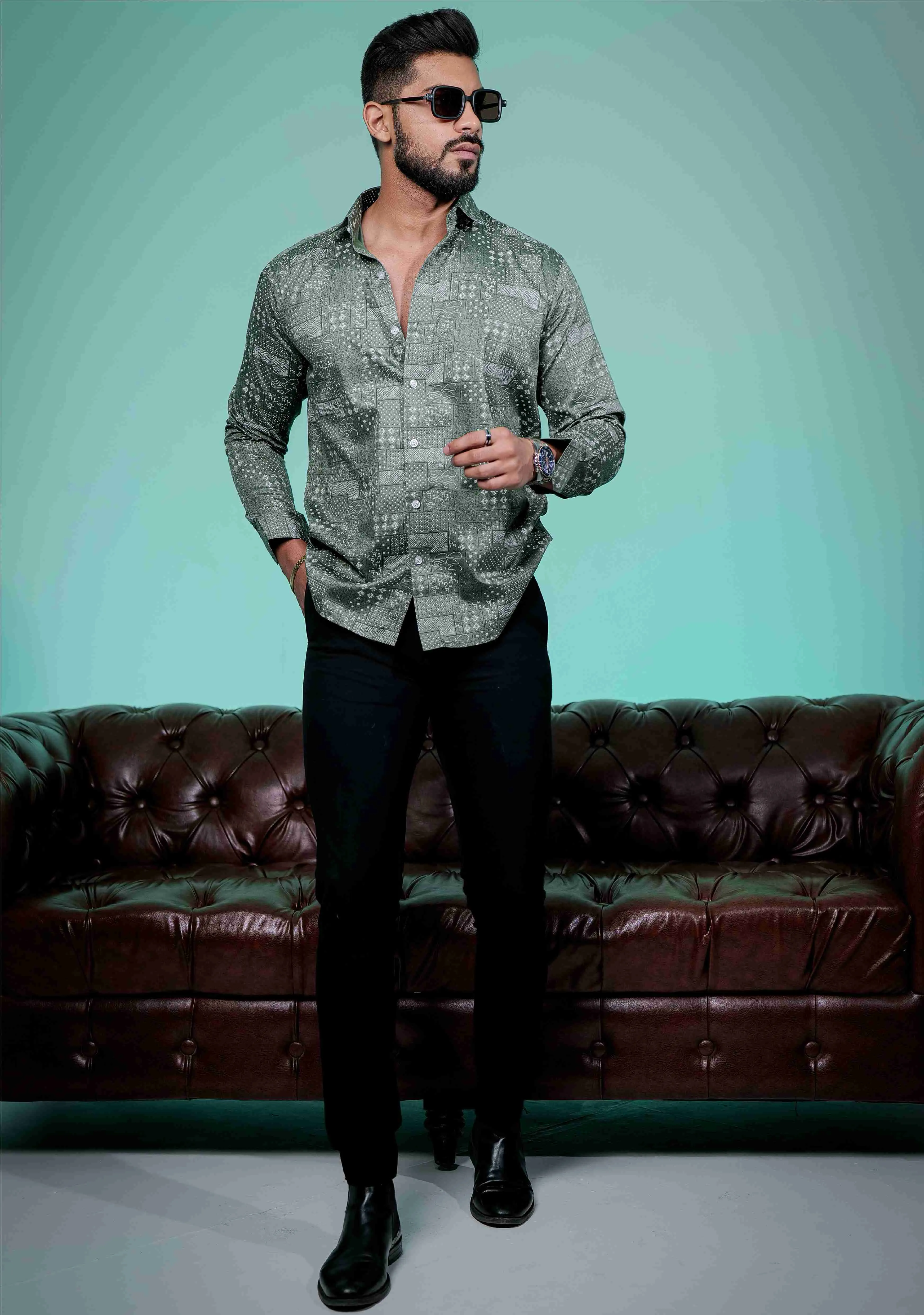 Green Satin Cotton Print Premium Shirt