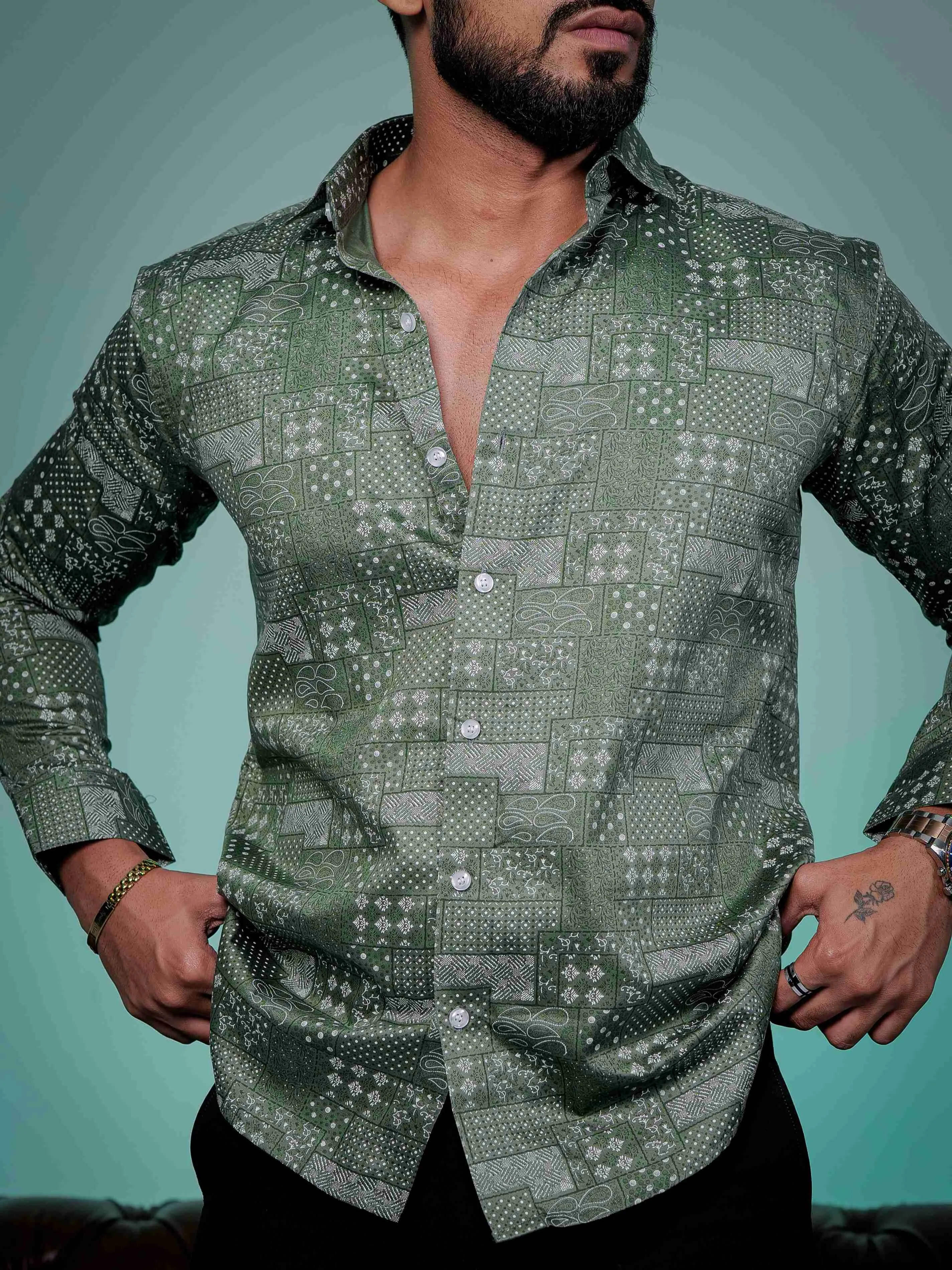 Green Satin Cotton Print Premium Shirt