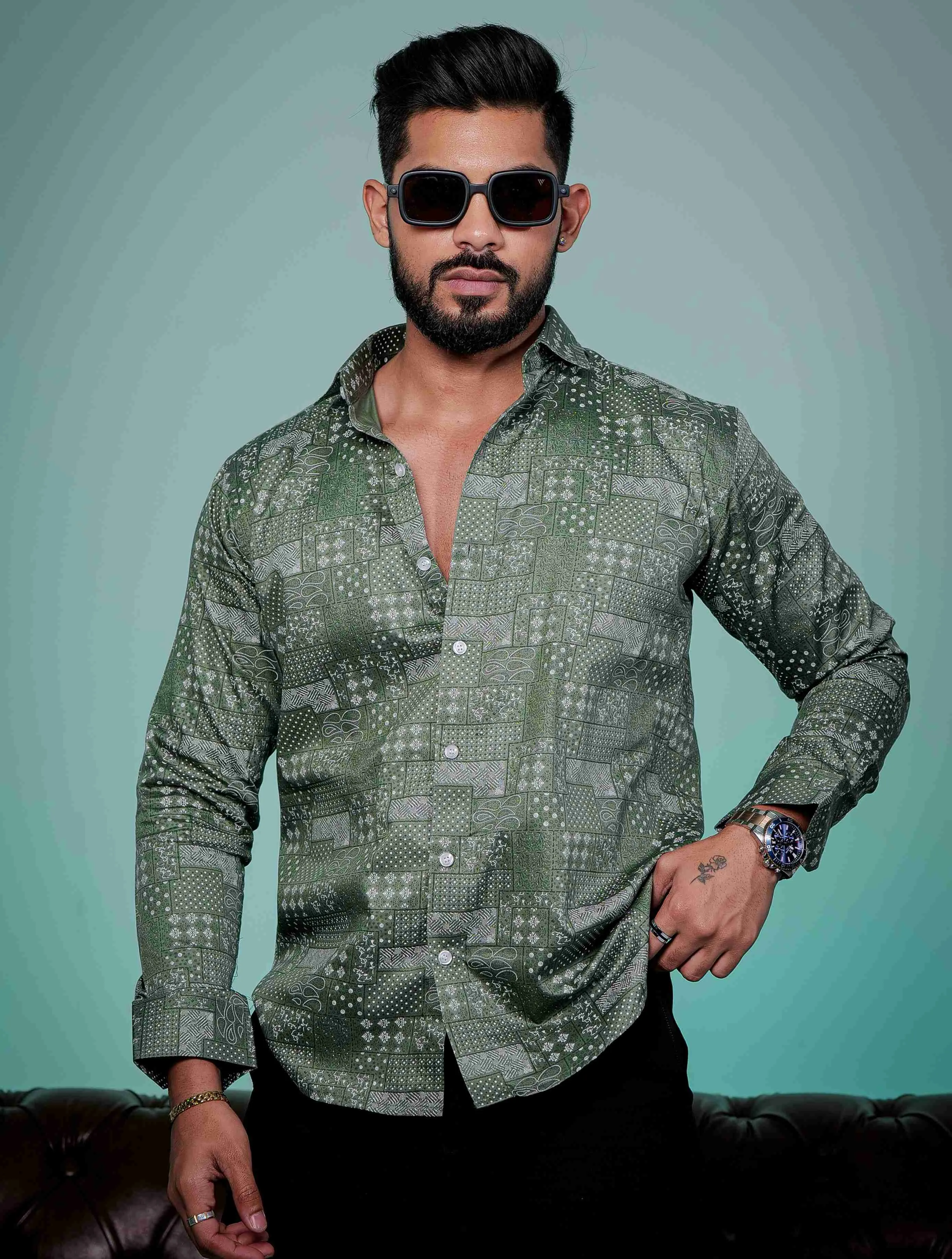 Green Satin Cotton Print Premium Shirt