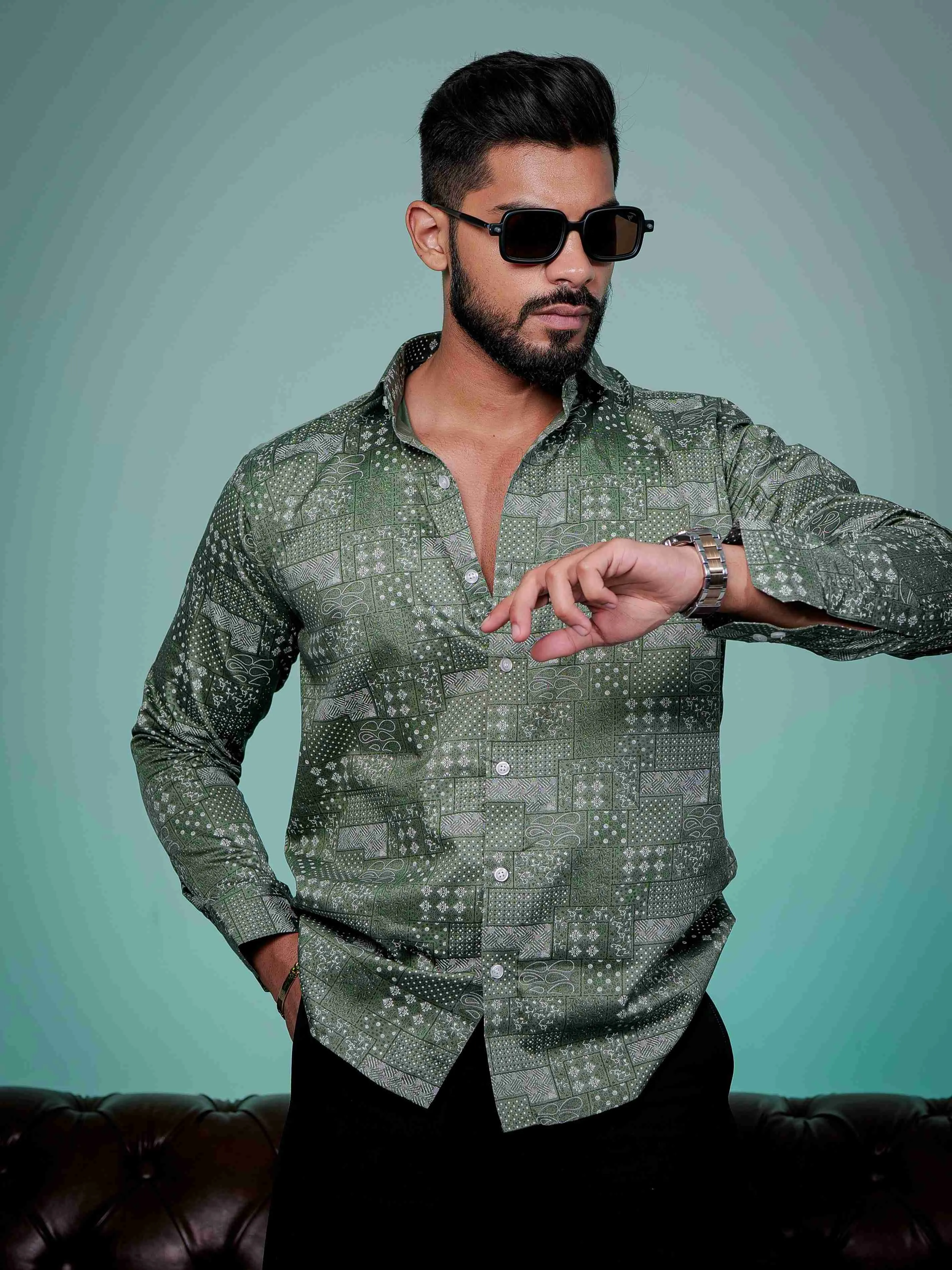 Green Satin Cotton Print Premium Shirt