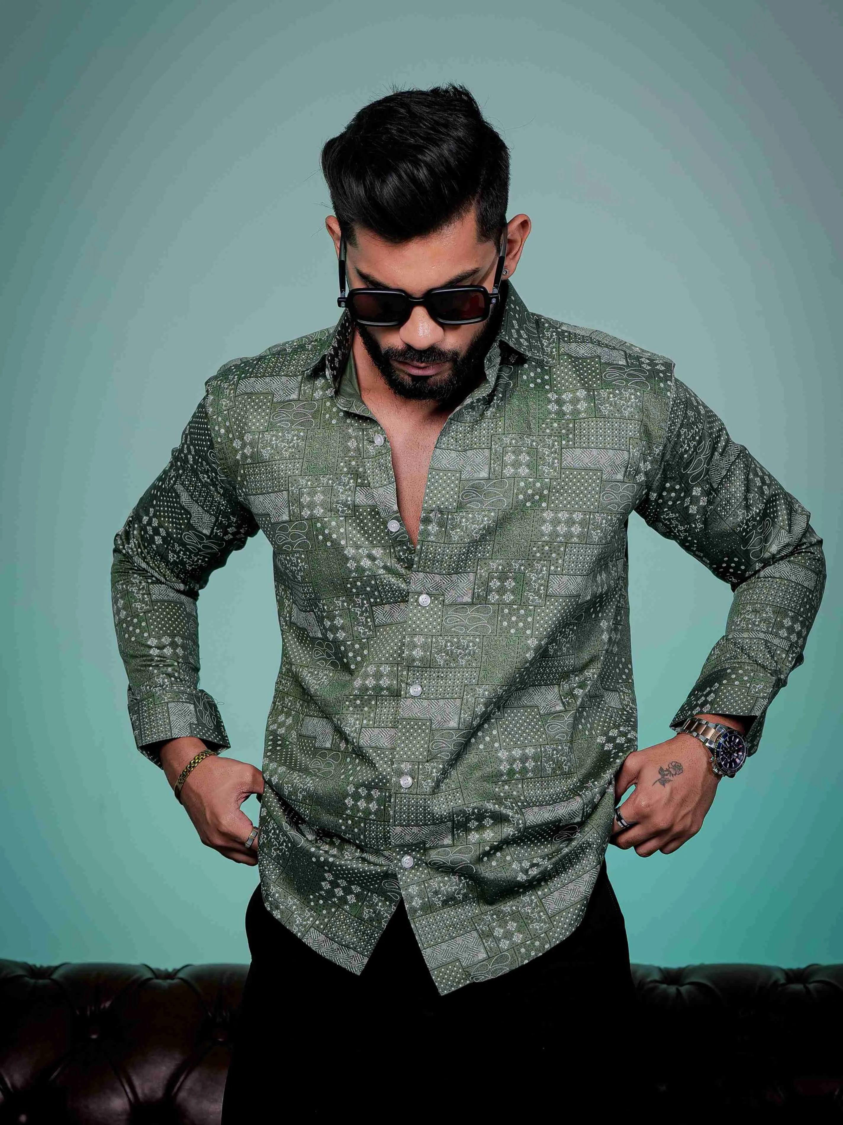 Green Satin Cotton Print Premium Shirt