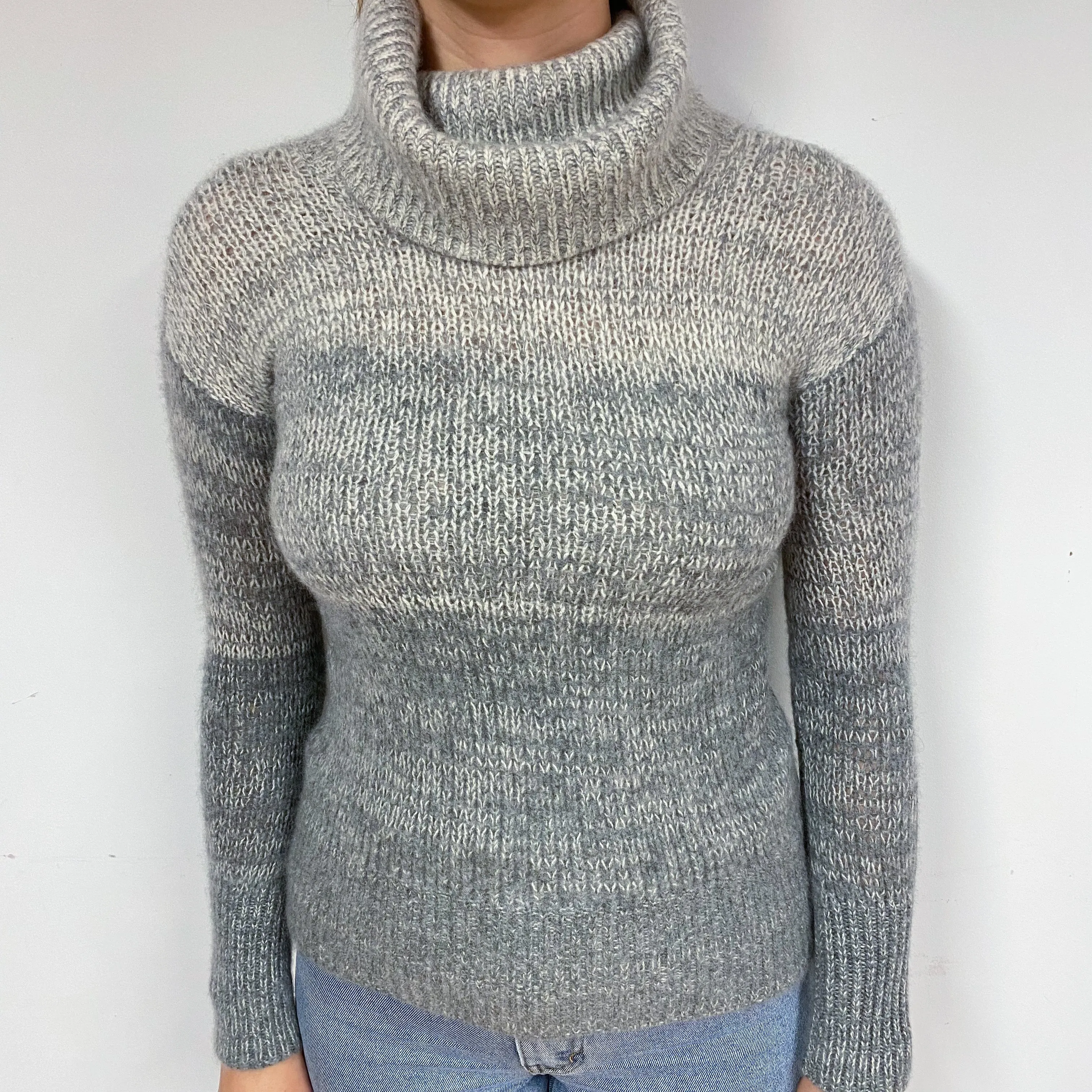 Grey Chunky Knit Cashmere Polo Neck Jumper Small