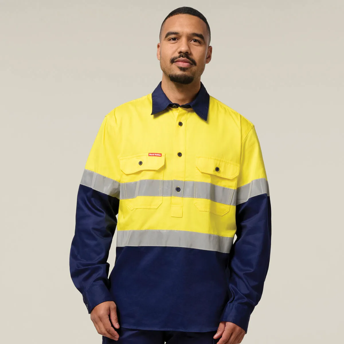 Hard Yakka Core Hi-Vis Long Sleeve Heavyweight Closed Front Taped Shirt Y04615