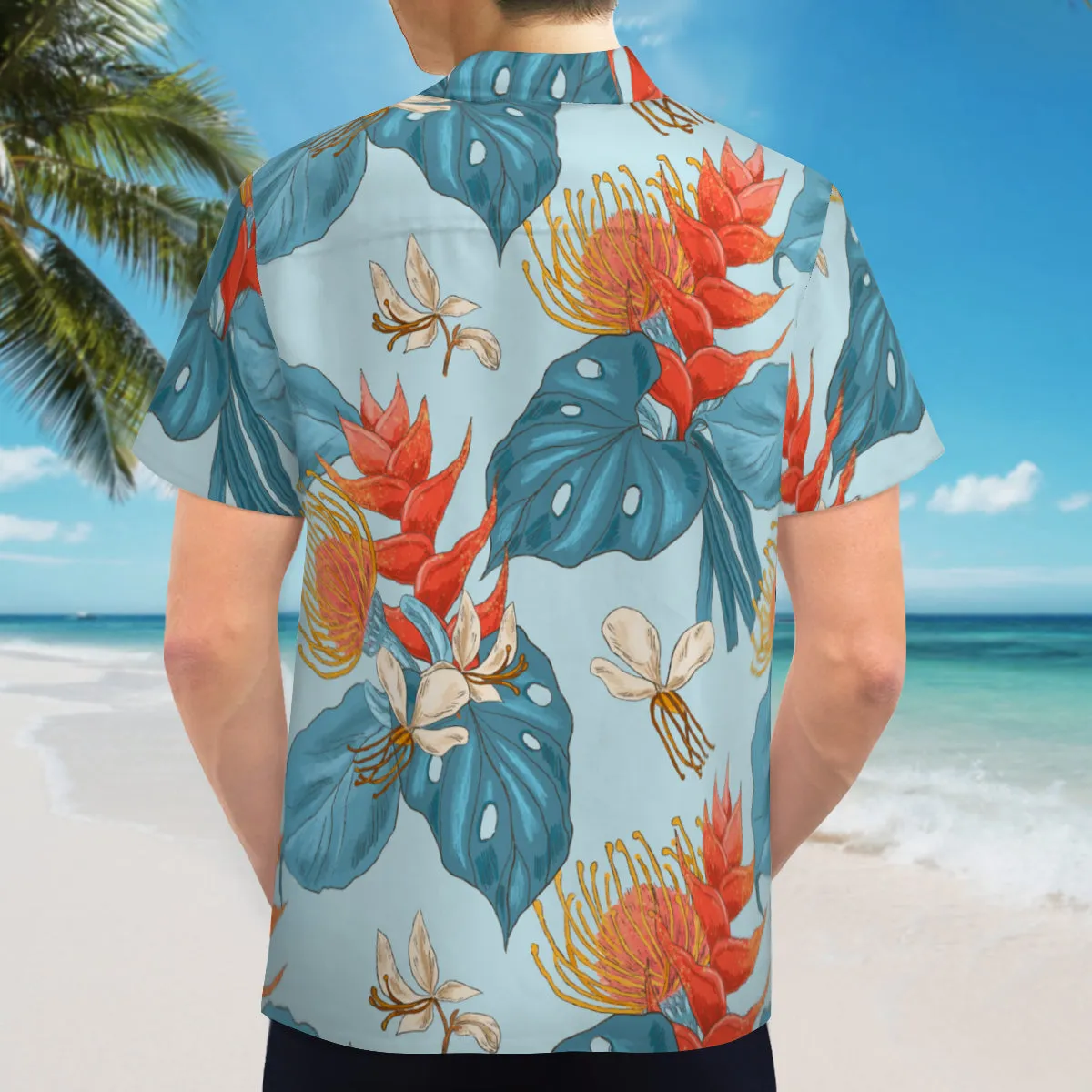 Hawaiian Shirt Men, Hawaiian Top Men, Blue Hawaiian Shirt, Leaf Print Shirt Men, Floral Shirt Men, Blue Red Top Men, Tropical Shirt