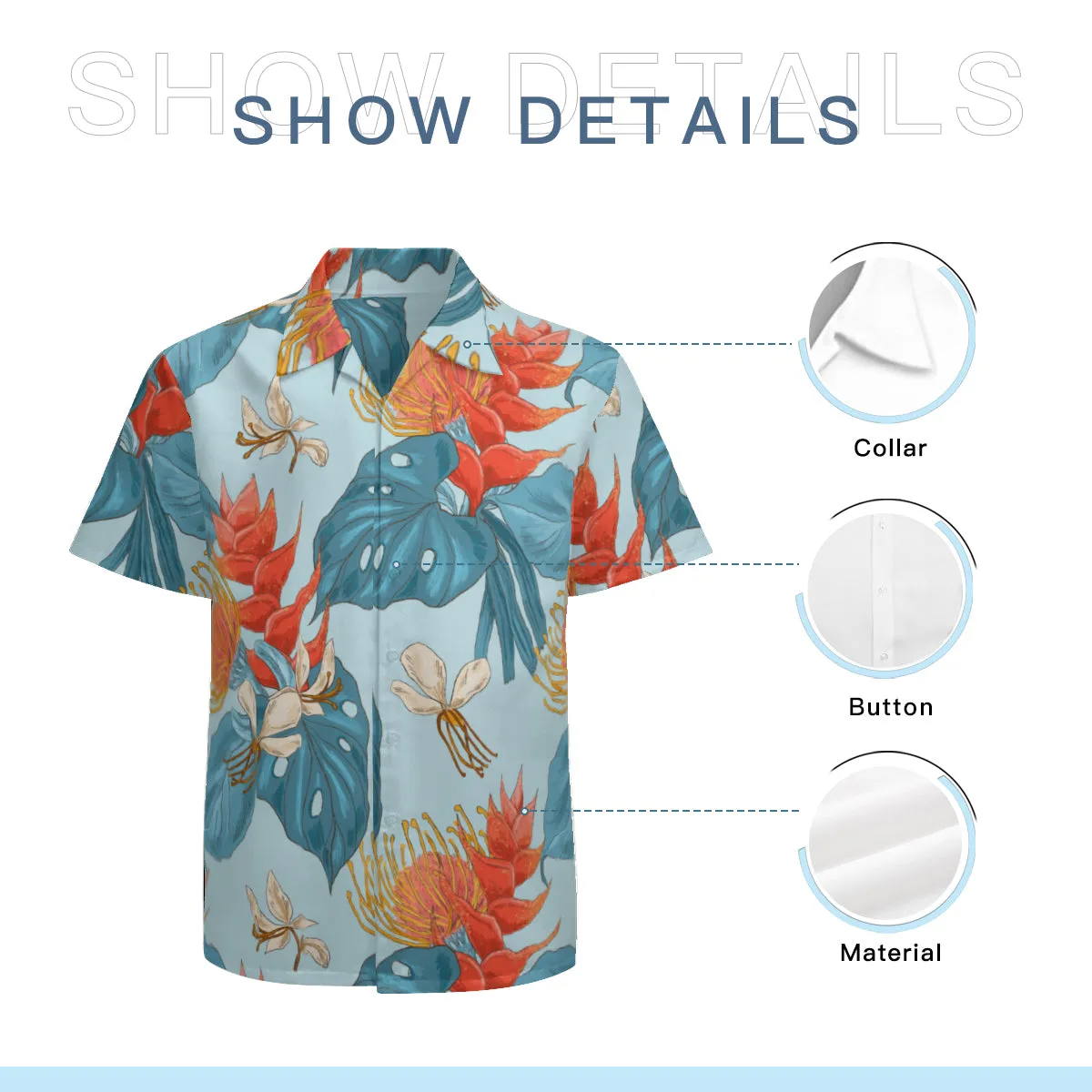 Hawaiian Shirt Men, Hawaiian Top Men, Blue Hawaiian Shirt, Leaf Print Shirt Men, Floral Shirt Men, Blue Red Top Men, Tropical Shirt