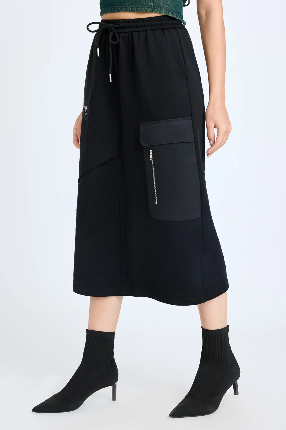 High Rise Black Midi Skirt