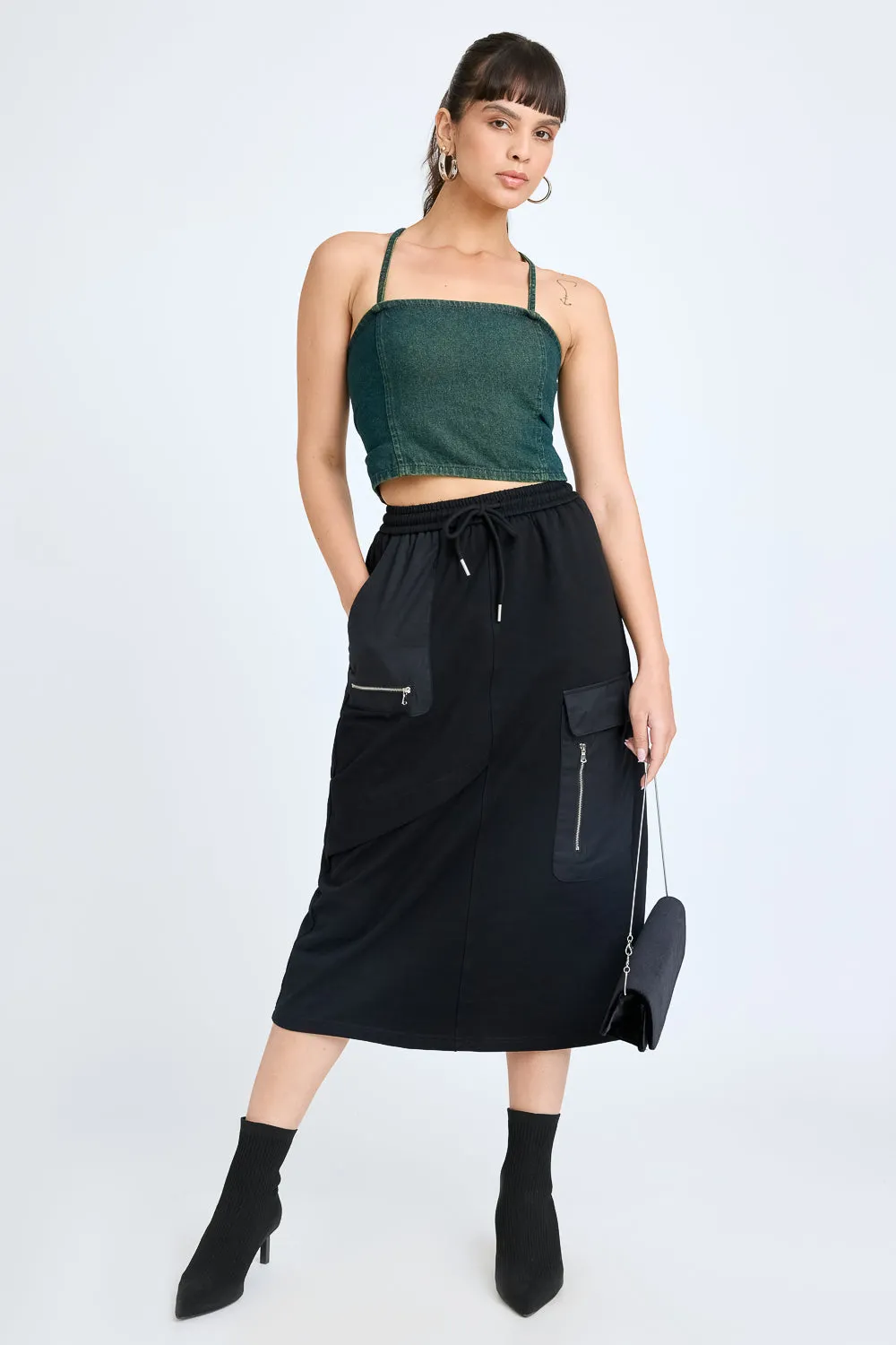 High Rise Black Midi Skirt