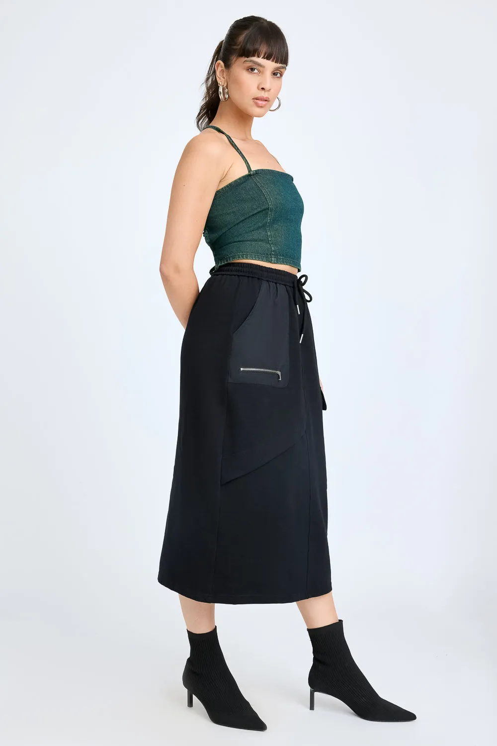 High Rise Black Midi Skirt