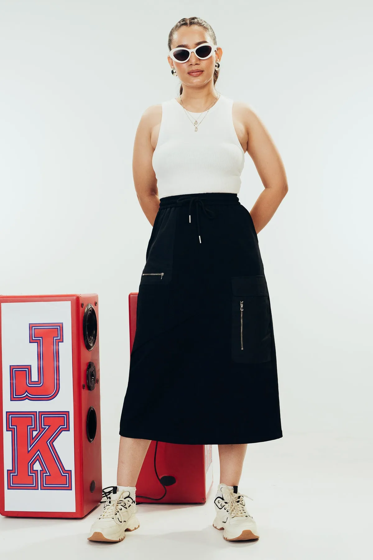 High Rise Black Midi Skirt