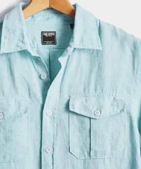 Italian Two Pocket Linen Utility Long Sleeve Shirt in Teal