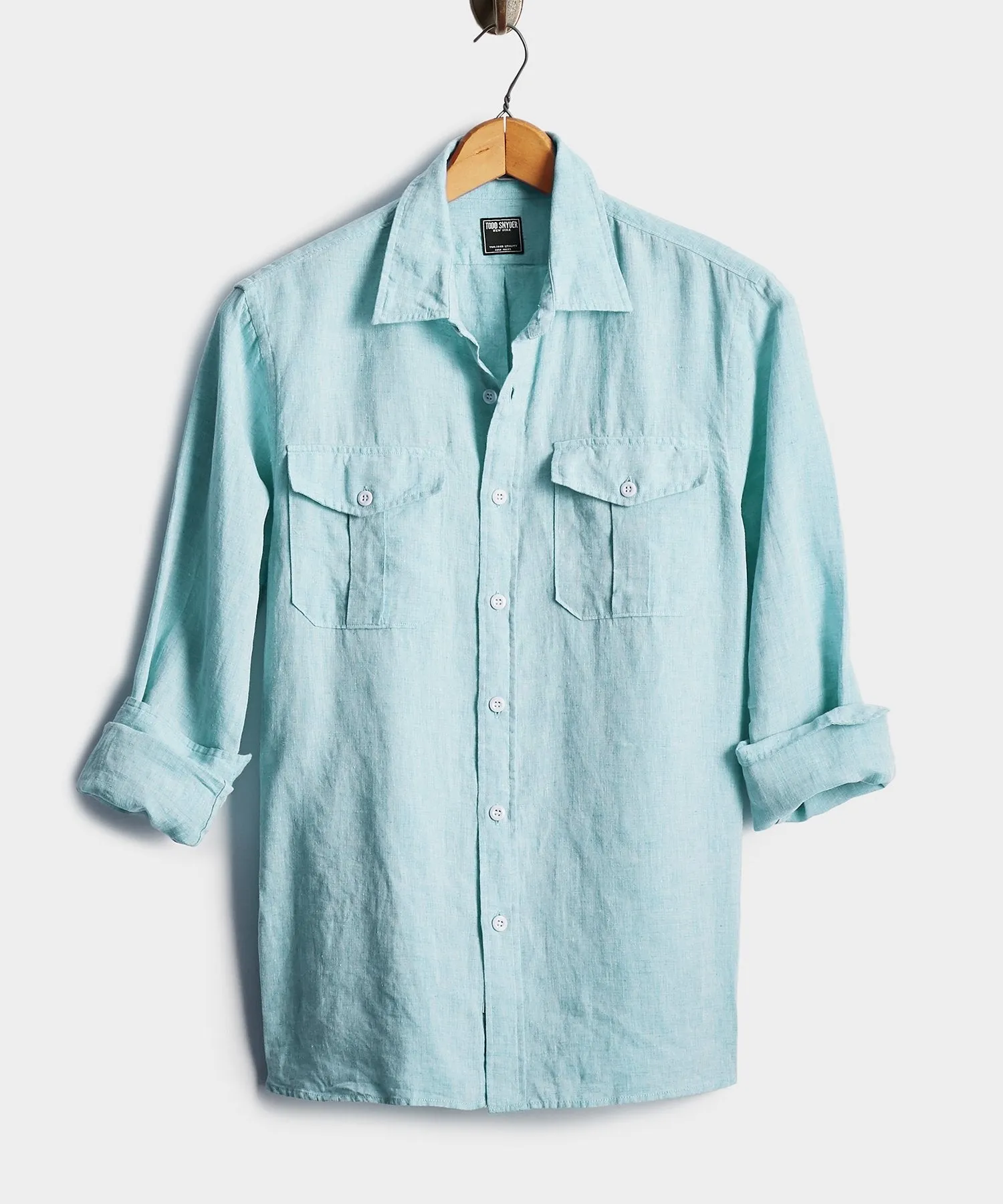 Italian Two Pocket Linen Utility Long Sleeve Shirt in Teal