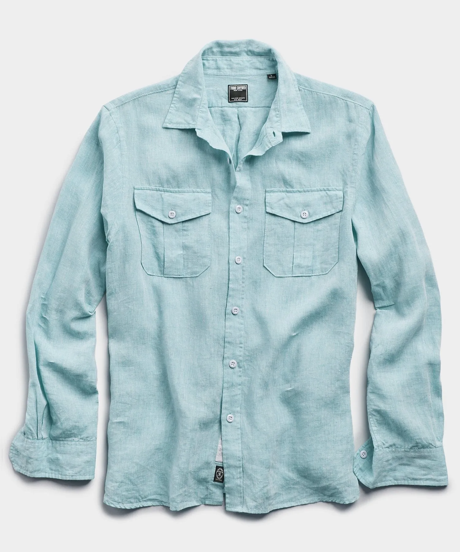 Italian Two Pocket Linen Utility Long Sleeve Shirt in Teal