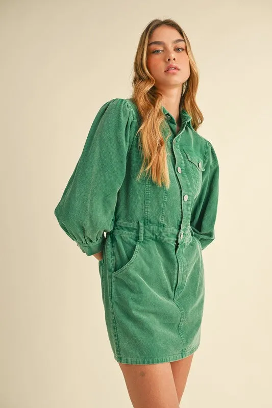 Kelly Green Corduroy Button Down Dress