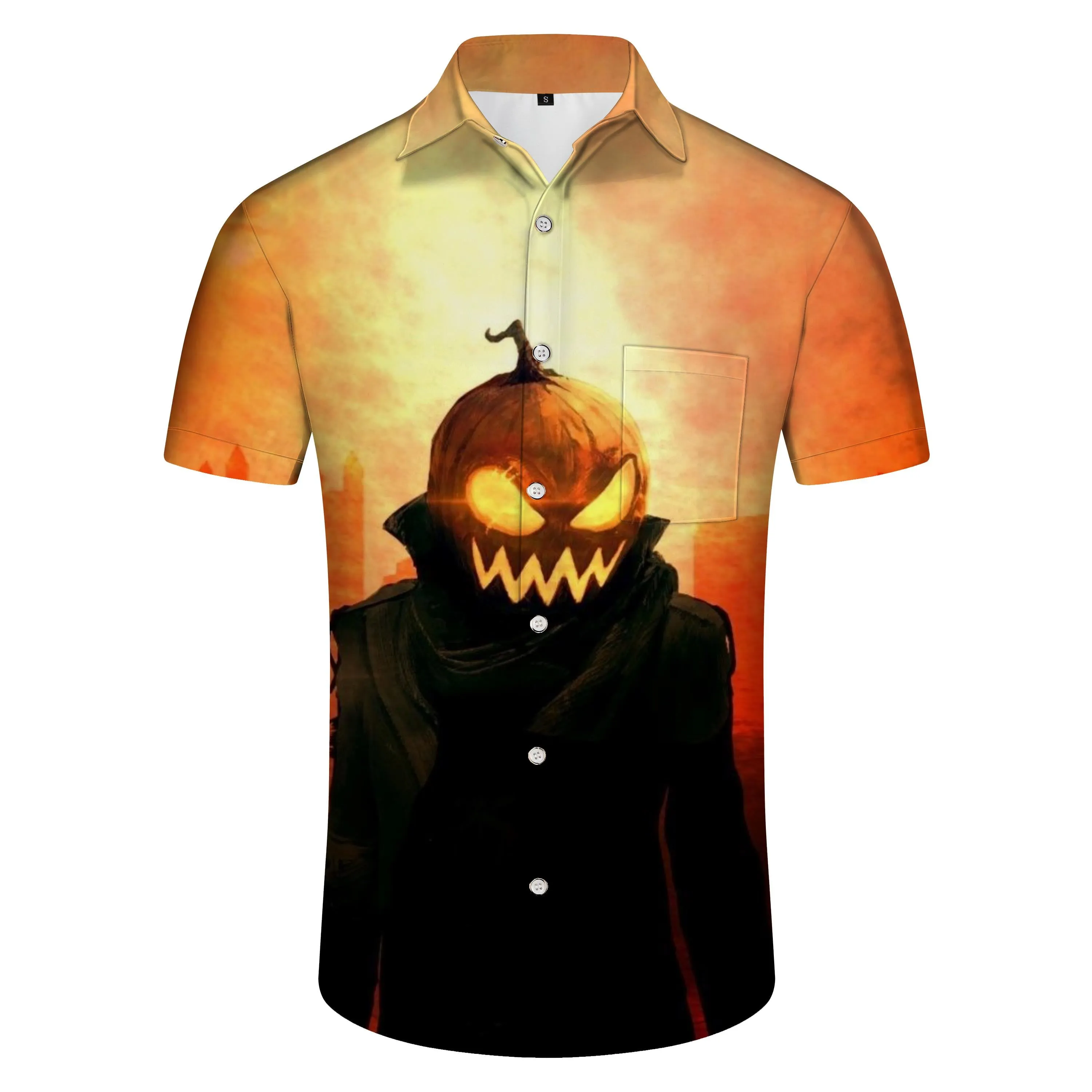 Lapel Men's Button Shirt Halloween Fashion Print Short Sleeve Thin Lightweight Breathable Shirt Tops