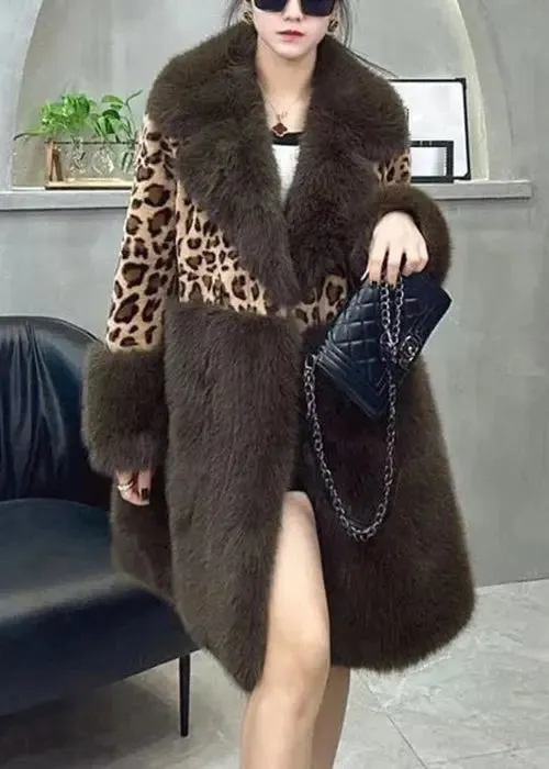 Loose Leopard Fur Collar Button Leather And Fur Coat Long Sleeve ML1175