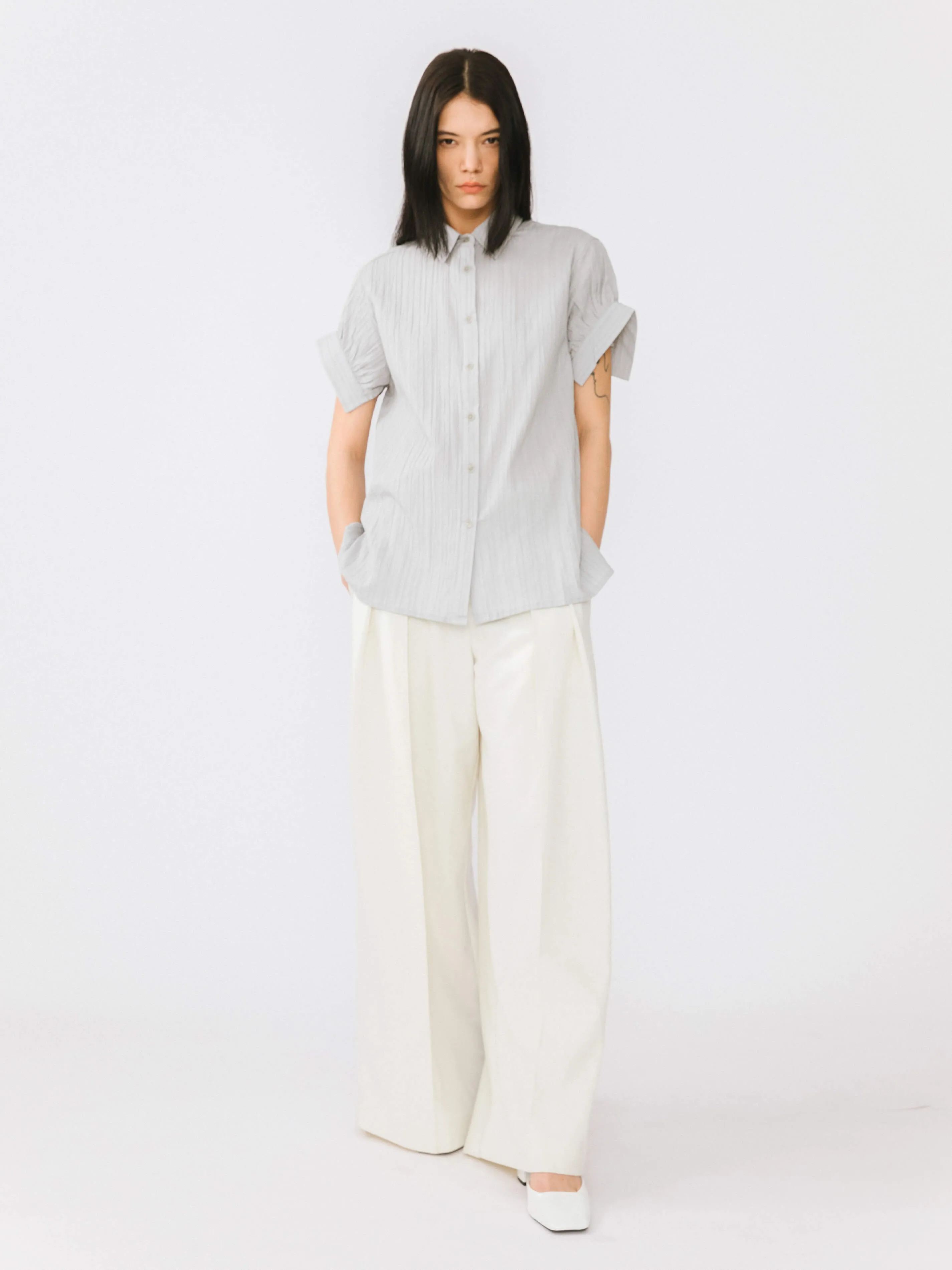 Loose Shirt with Pleated Short Sleeves