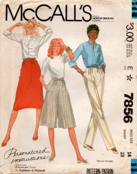 McCall's 7856 Womens Palmer & Pletsch Pants Skirt & Culottes 1980s Vintage Sewing Pattern Size 14 UNCUT Factory Folded