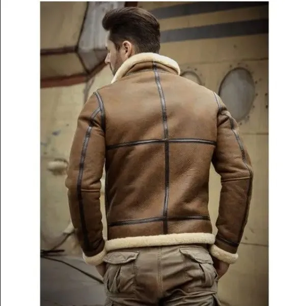 Men Sheepskin Shearling Motorcycle Leather Jacket Coat