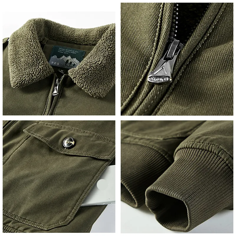 Men Winter Warm Thick Fleece Fur Collar Military Jacket