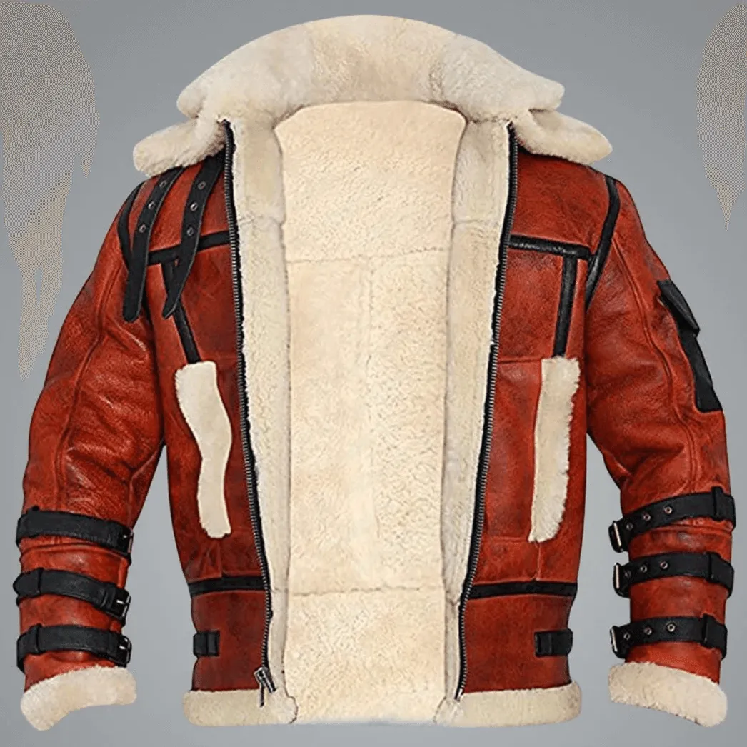 Mens B3 Shearling Sheepskin Bomber Flying Red Jacket