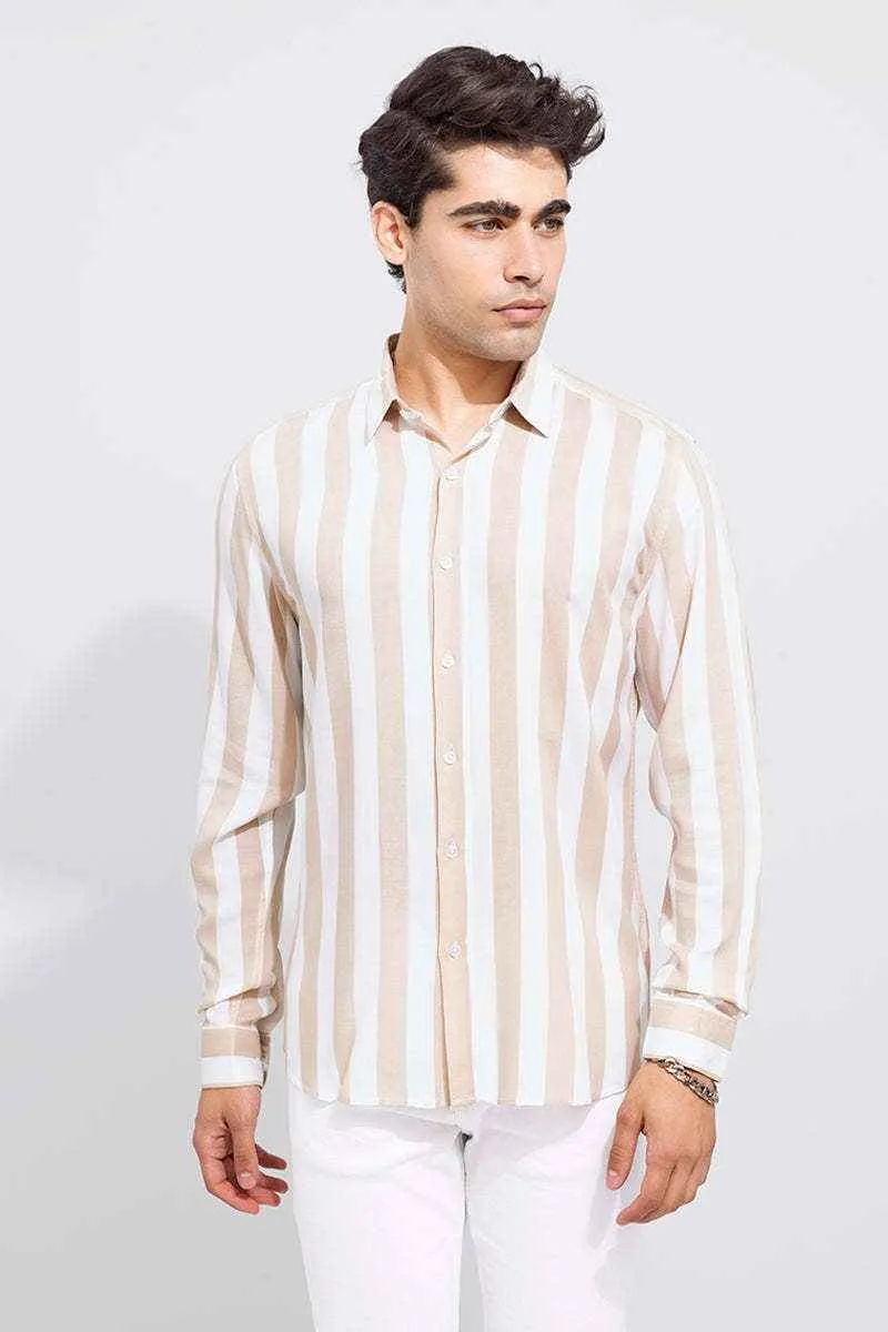 Men's Beige & White Striped Slim Fit Shirt