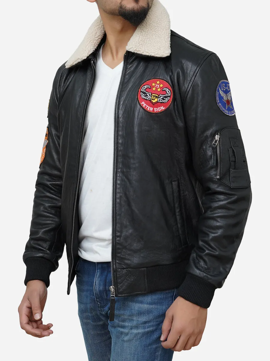 Men's Black Genuine Leather Jacket With Shearling Collar