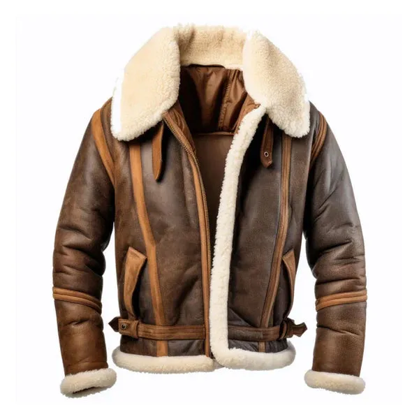 Men's Brown Aviation Faux Shearling Lapel Leather Jacket