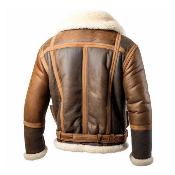 Men's Brown Aviation Faux Shearling Lapel Leather Jacket