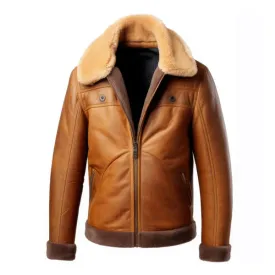 Men's Brown B3 Faux Shearling Zipper Leather Jacket