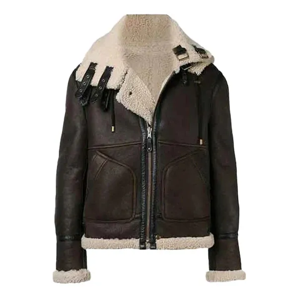 Men's Brown Faux Shearling Hooded Leather Jacket