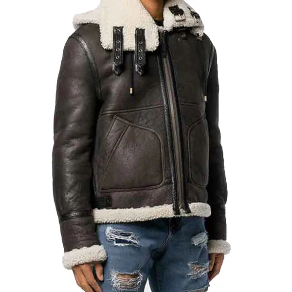 Men's Brown Faux Shearling Hooded Leather Jacket