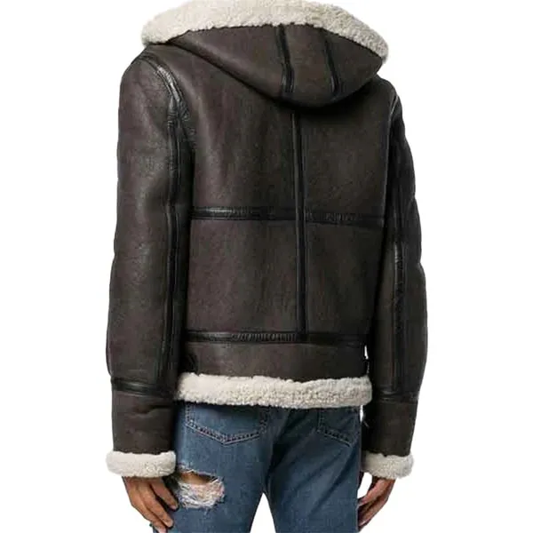 Men's Brown Faux Shearling Hooded Leather Jacket