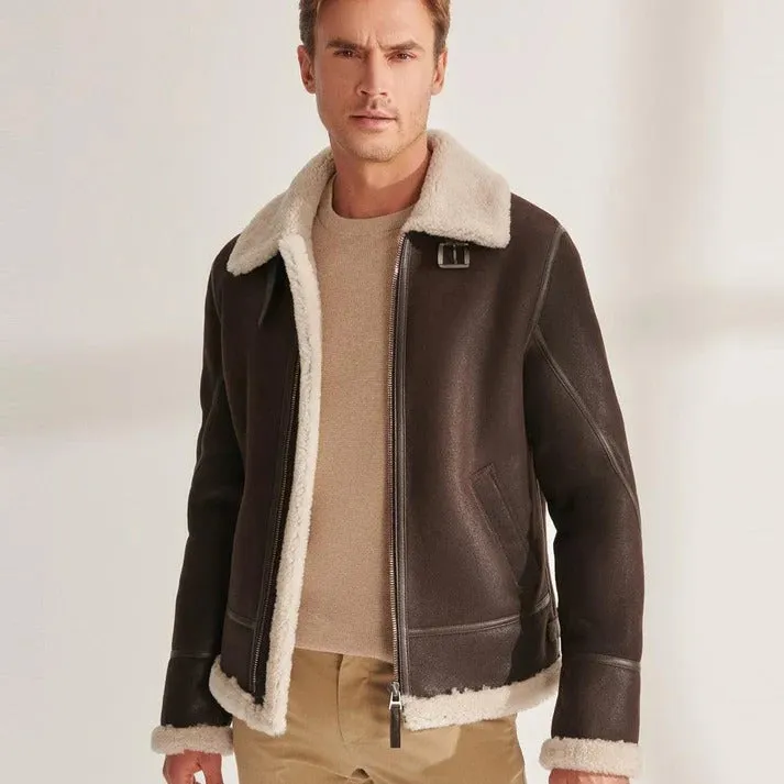 Men's Brown Pilot Shearling Aviator Leather Jacket