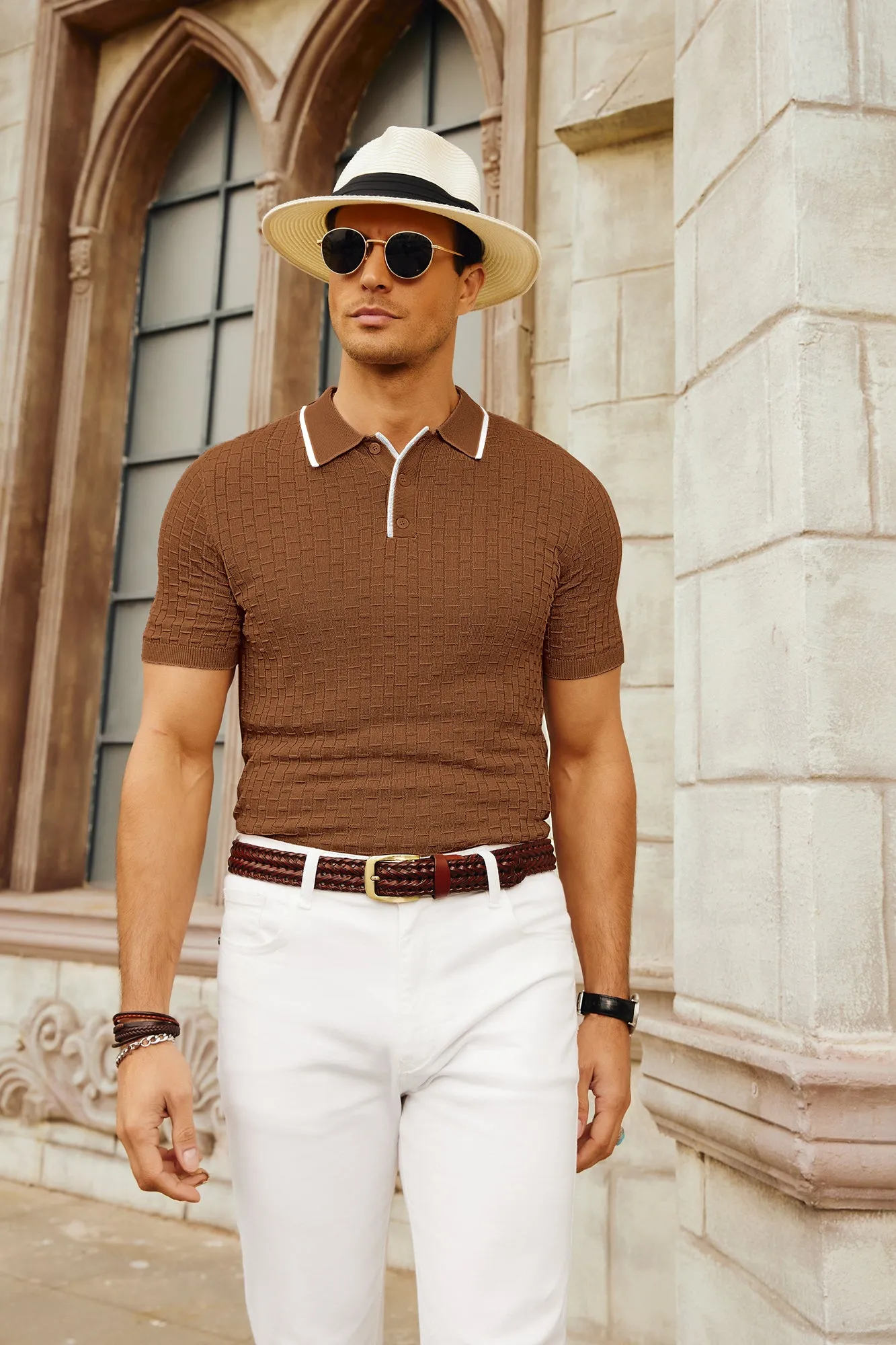 Mens Knitted Polo Shirts Short Sleeve Texture Golf Polo Pullover Shirts Casual Breathable Polo Shirts