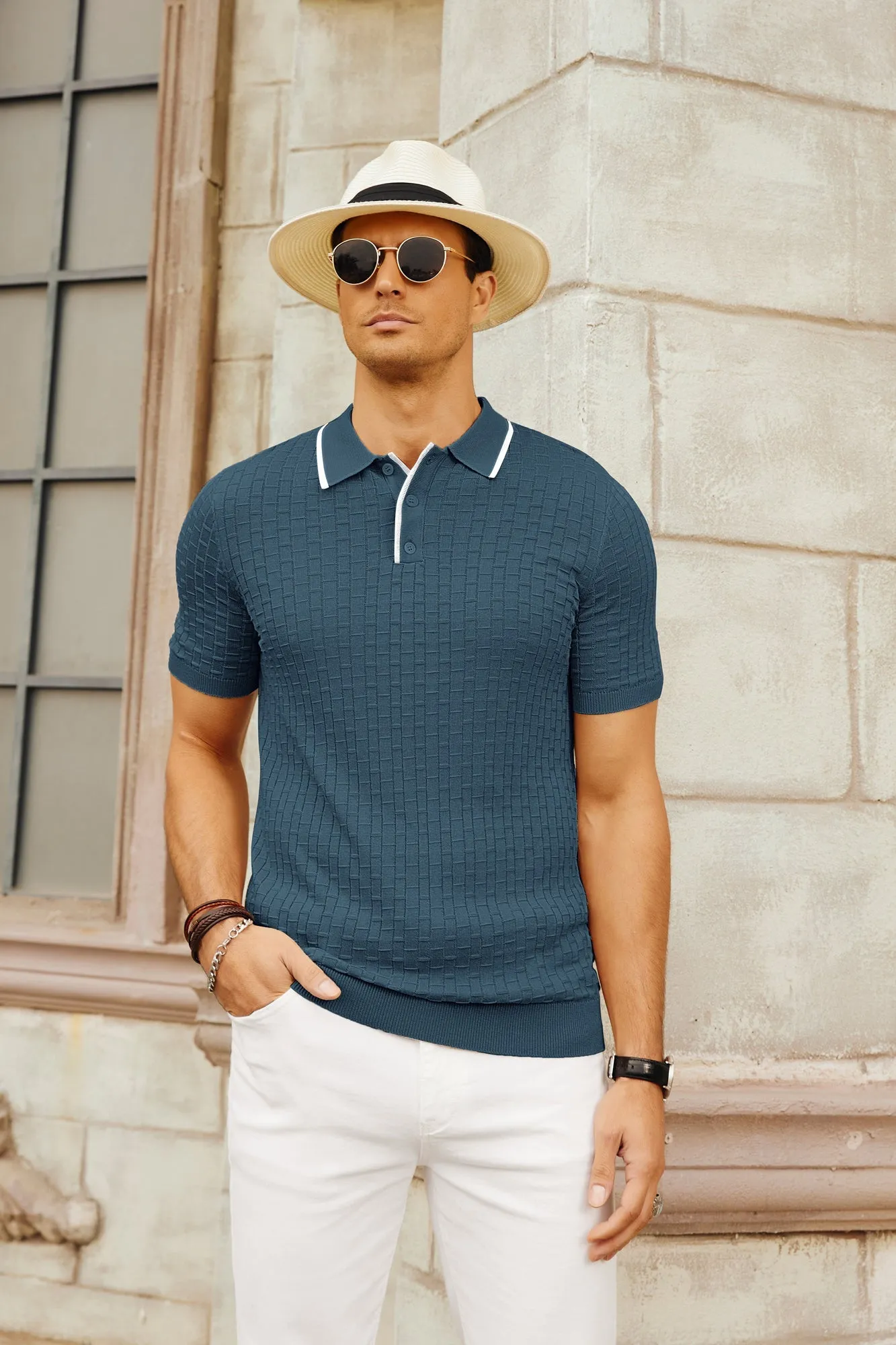 Mens Knitted Polo Shirts Short Sleeve Texture Golf Polo Pullover Shirts Casual Breathable Polo Shirts