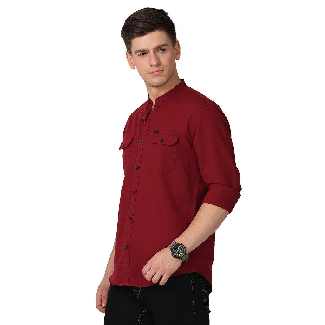 Men's Long Sleeve Band Collar Shirt