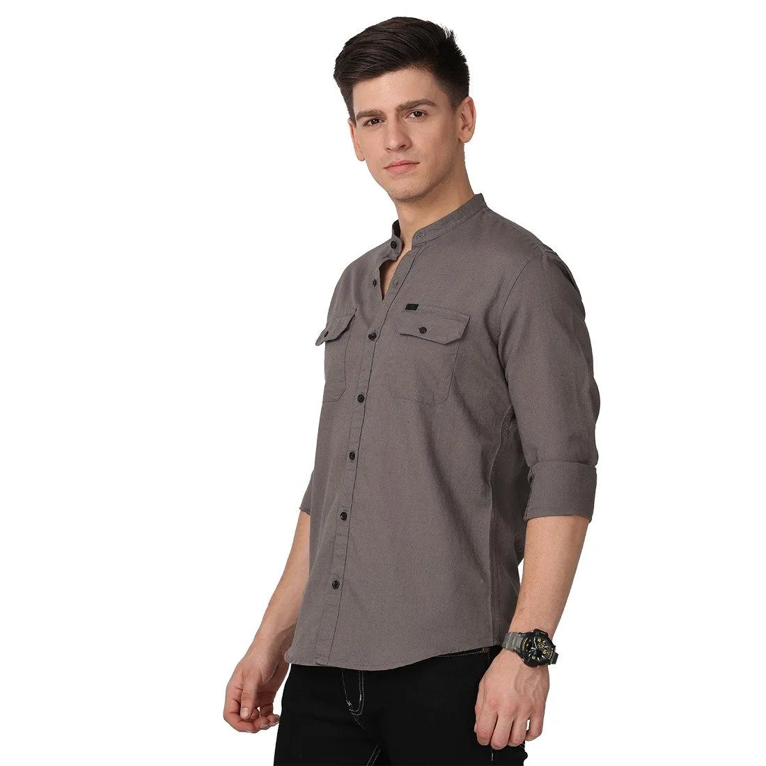 Men's Long Sleeve Band Collar Shirt