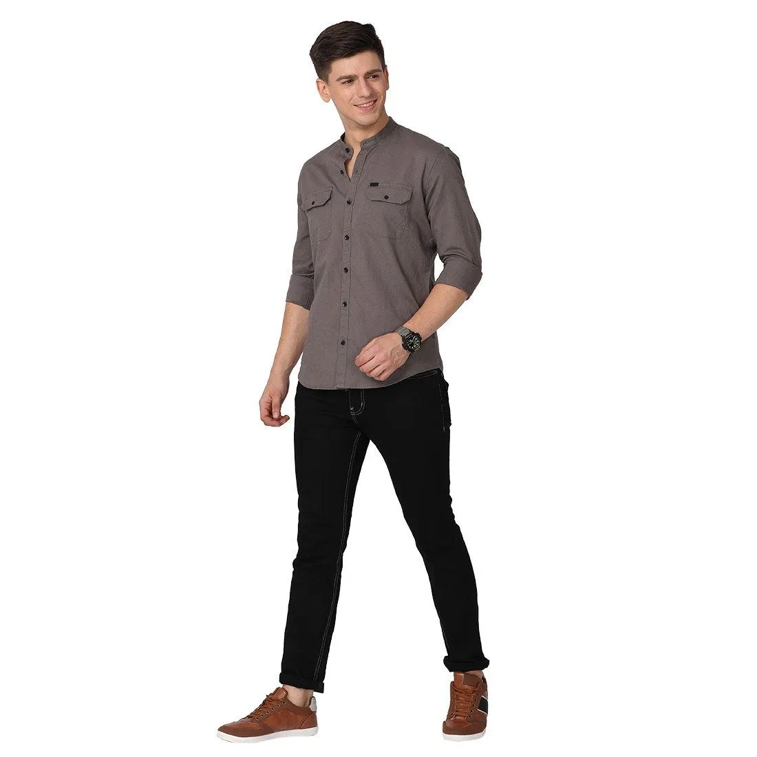 Men's Long Sleeve Band Collar Shirt